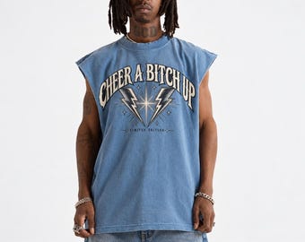 Limited Edition 1 van 50 - Cheer A Bitch Up mouwloos T-shirt, bliksemflits, oversized streetwear T-shirt - Slechts 50 per maat per kleur