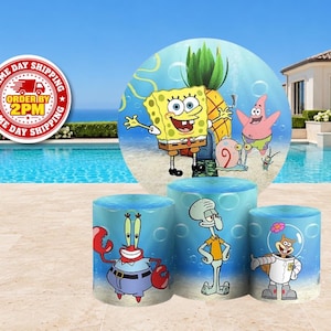 May include: A circular backdrop and three cylindrical pedestals featuring SpongeBob SquarePants characters including Patrick Star, Gary the Snail, Plankton, Mr. Krabs, Squidward Tentacles, and Sandy Cheeks, set against an underwater background.