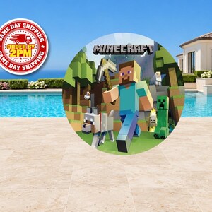 May include: A circular Minecraft graphic featuring Steve holding a pickaxe, a wolf, and a creeper against a blocky landscape. The image includes the Minecraft logo at the top. A circular red and white badge states Same Day Shipping Order By 2PM.