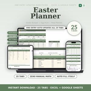 May include: An Easter Planner digital spreadsheet template for Excel and Google Sheets. The display shows a laptop, tablet, and smartphone screen with 25 tabs, featuring budget trackers, egg hunt organizers, and meal planning tables.