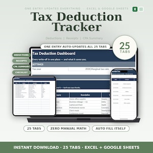 Hoja de cálculo para el seguimiento de deducciones fiscales, registro de deducciones fiscales para pequeñas empresas con lista de verificación de resumen trimestral (Excel, Google Sheets)
