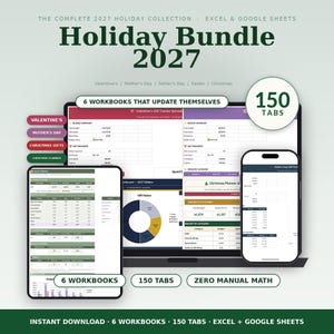 May include: A digital holiday bundle for 2027 featuring Excel and Google Sheets templates. The set includes 6 workbooks with 150 tabs, designed for tracking Valentine's, Mother's Day, Father's Day, Easter, and Christmas gifts and budgets.