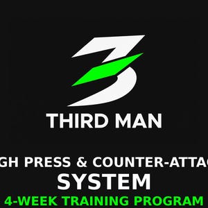 May include: A graphic design on a black background featuring a large white number 3 with a green diagonal slash. Below the number, the text reads THIRD MAN, HIGH PRESS & COUNTER-ATTACK SYSTEM, and 4-WEEK TRAINING PROGRAM in white and green.