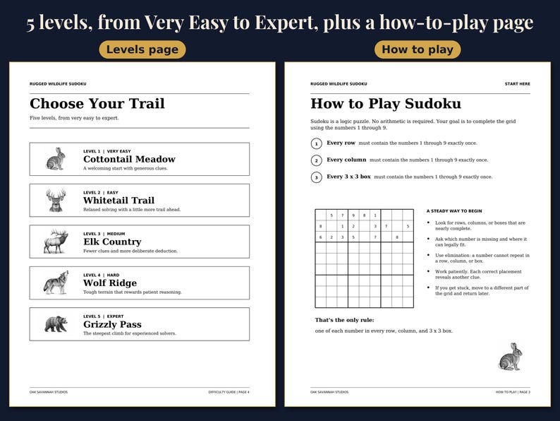Rugged Wildlife Sudoku Printable PDF, Large Print Sudoku Puzzle Book