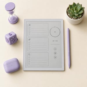 May include: A rectangular digital tablet with a light gray screen displaying three task lists, a circular target icon, and playback controls. The tablet is accompanied by a lavender stylus, a lavender hourglass, a lavender fidget cube, and a lavender earbud case.