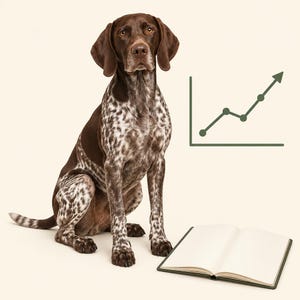 May include: A German Shorthaired Pointer dog with a brown and white spotted coat sits upright. To the right of the dog is a green line graph showing an upward trend and an open book with blank white pages lying flat on the surface.