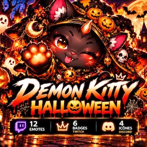 Peut inclure: Un graphique numérique montrant un chat noir avec un chapeau de sorcière, des citrouilles, des fantômes et un château. Le texte indique DEMON KITTY HALLOWEEN, 12 EMOTES, 6 BADGES TWITCH et 4 ICONES DISCORD avec les logos des plateformes.