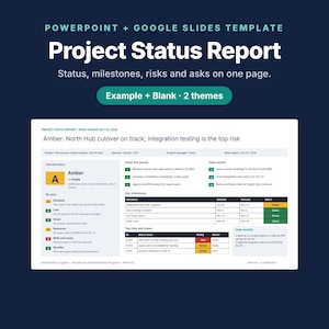 May include: A digital template for PowerPoint and Google Slides titled Project Status Report. The layout includes sections for status, milestones, risks, and asks, featuring a sample report with tables, color-coded status indicators, and text.