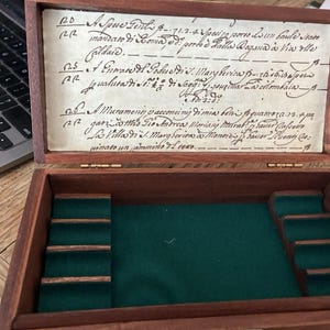 Vintage Wooden Jewelry Watch Box Calligraphy Script Lid Italian Text Velvet