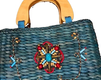 Vintage Boho Teal Straw Tote Bag Beaded Flower Wooden Handles Summer Beach Purse