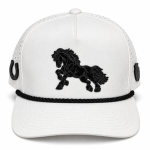 May include: A white baseball cap featuring a black embossed horse graphic on the front panel. The cap includes a black braided rope detail across the base of the crown, perforated side panels, and black horseshoe and shield emblems on the sides.