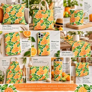 Op de afbeelding: Een collectie artikelen met een naadloos citruspatroon van sinaasappelplakjes en groene bladeren, waaronder een sierkussen, draagtas, mok, notitieboek, telefoonhoesje, tafelloper, schort, etui, beker en theedoek met een levendig fruitontwerp.