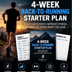 以下が含まれることがあります： PeakPace Digitalによる4週間のランニング再開スタータープラン。トレーニングスケジュール、ランニングログ、進捗トラッカーが含まれています。ドキュメントには「4-WEEK BACK-TO-RUNNING STARTER PLAN, BUILD CONSISTENCY. IMPROVE FITNESS. GET BACK TO DOING WHAT YOU LOVE.」というテキストが記載されています。