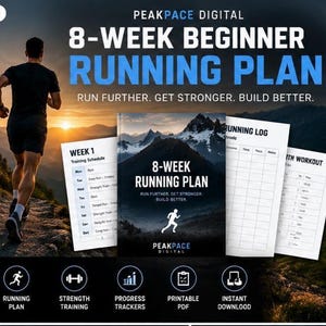 Könnte beinhalten: Ein digitaler 8-Wochen-Laufplan für Anfänger von PeakPace Digital. Das Cover zeigt eine Berglandschaft und die Silhouette eines Läufers. Enthalten sind ein wöchentlicher Trainingsplan, ein Lauftagebuch und ein Trainings-Tracker als PDF.