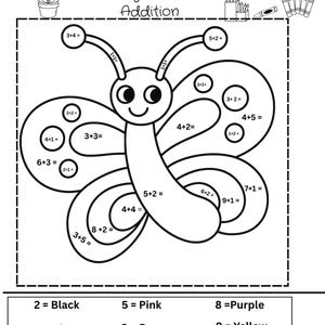 Könnte beinhalten: Ein schwarz-weißes Arbeitsblatt mit dem Titel Color by Numbers Addition, das den Umriss eines Schmetterlings mit verschiedenen Additionsaufgaben in den Flügeln und im Körper sowie eine Farblegende mit den Zahlen zwei bis zehn zeigt.