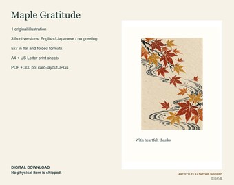 May include: A digital greeting card design titled Maple Gratitude featuring red and orange maple leaves and flowing water patterns. The text reads YourJapanStudio, Maple Gratitude, 1 original illustration, 3 front versions, 5x7, A4, US Letter, and With heartfelt thanks.