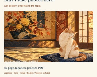 May include: A 16-page Japanese practice PDF titled May I take photos here? Ask politely. Understand the reply. The cover features a ginger and white cat grooming itself on a blue patterned cushion in a room with a floral arrangement.