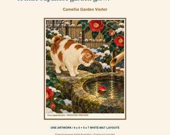 May include: A digital illustration titled A little Japanese garden glow and Camellia Garden Visitor featuring a white and orange cat standing near a stone water basin with a bamboo spout. Red camellia flowers and snow are visible.