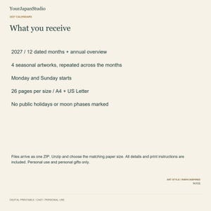 May include: A digital printable 2027 calendar information sheet from YourJapanStudio. It lists 12 dated months, an annual overview, 4 seasonal artworks, Monday and Sunday start options, 26 pages in A4 and US Letter sizes, and no holidays.