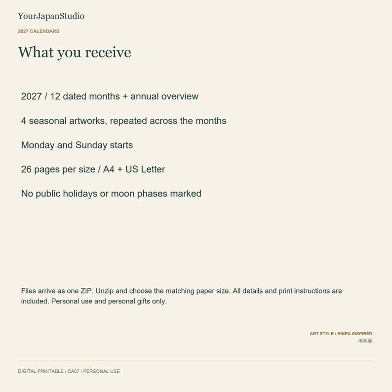 May include: A digital printable 2027 calendar information sheet from YourJapanStudio. It lists 12 dated months, an annual overview, 4 seasonal artworks, Monday and Sunday start options, 26 pages in A4 and US Letter sizes, and no holidays.
