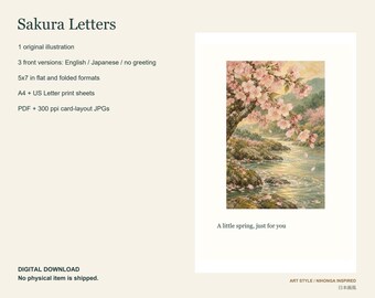 May include: A digital greeting card featuring an illustration of a cherry blossom tree over a river with the text Sakura Letters and A little spring, just for you. The product details include 1 original illustration, 3 front versions, 5x7 formats, and A4 plus US Letter print sheets.