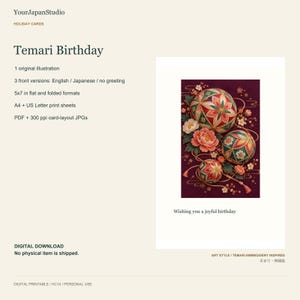 May include: A digital birthday card featuring three Temari balls with intricate geometric patterns in red, green, and gold, surrounded by pink peonies and cherry blossoms on a dark purple background, with the text Wishing you a joyful birthday.