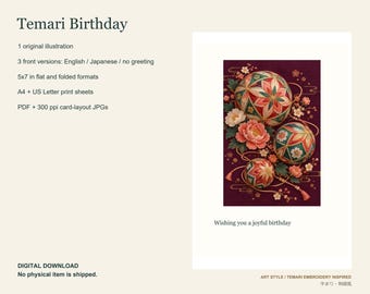 May include: A digital birthday card featuring three Temari balls with intricate geometric patterns in red, green, and gold, surrounded by pink peonies and cherry blossoms on a dark purple background, with the text Wishing you a joyful birthday.