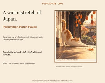 May include: A digital artwork titled A warm stretch of Japan. Persimmon Porch Pause featuring a ginger and white cat stretching on a wooden porch. Hanging persimmons are visible in the background under a roof eave. The text YourJapanStudio is present.