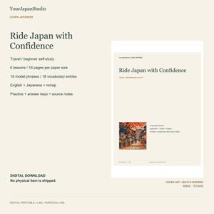 Puede incluir: Una guía de estudio digital del idioma japonés titulada Ride Japan with Confidence. El documento incluye 6 lecciones, 18 frases modelo, 18 entradas de vocabulario, ejercicios y claves de respuestas, con una ilustración de portada inspirada en el Ukiyo-e.