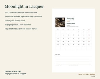 May include: A 2027 digital calendar titled Moonlight in Lacquer, featuring 12 dated months and an annual overview. The page displays a January grid with a black and gold illustration of a moonlit tree, Monday through Sunday starts, and lines for notes.