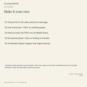 May include: A digital printable instruction sheet with a cream background and black text. It lists five steps for printing 2027 calendars from YourJapanStudio, including notes on paper size, manual writing, and AI-assisted imagery and layouts.