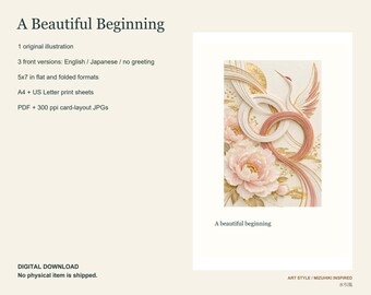 May include: A digital greeting card design featuring an illustration of a crane, pink peonies, and gold accents with intertwined cord motifs. The text reads A Beautiful Beginning. The layout includes specifications for 5x7 inch formats.