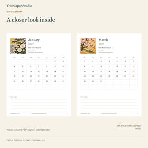 May include: A 2027 calendar digital printable featuring two pages for January and March. Each page displays a grid layout with dates, a notes section, and a small square illustration of seasonal flowers. The text includes YourJapanStudio, 2027 Calendars, A closer look inside, Gold Screen Seasons, and Art Style / Rinpa Inspired.