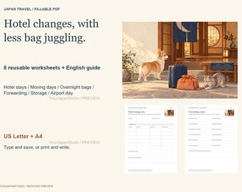 May include: A digital travel planning kit featuring 8 fillable PDF worksheets and an English guide. The text reads Japan Travel, Hotel changes, with less bag juggling, and US Letter + A4. Includes a graphic of a dog and cat with luggage.
