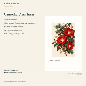 May include: A digital greeting card design titled Camellia Christmas featuring a central illustration of vibrant red camellia flowers, green pine needles, and red berries. The text Merry Christmas is printed below the floral arrangement.