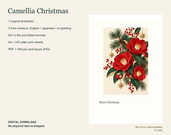 May include: A digital greeting card design titled Camellia Christmas featuring a central illustration of vibrant red camellia flowers, green pine needles, and red berries. The text Merry Christmas is printed below the floral arrangement.