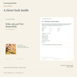 Puede incluir: Una gu&iacute;a de estudio de japon&eacute;s digital imprimible titulada Walk, Ask and Visit Respectfully. El documento presenta una ilustraci&oacute;n de flores de cerezo, texto de lecciones, listas de vocabulario y secciones de pr&aacute;ctica.