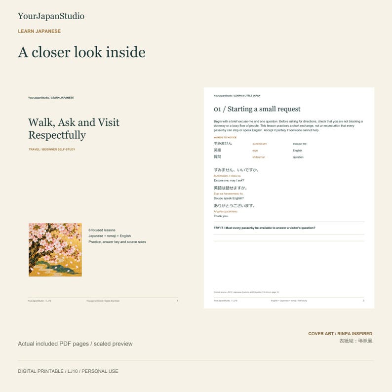 Puede incluir: Una gu&iacute;a de estudio de japon&eacute;s digital imprimible titulada Walk, Ask and Visit Respectfully. El documento presenta una ilustraci&oacute;n de flores de cerezo, texto de lecciones, listas de vocabulario y secciones de pr&aacute;ctica.