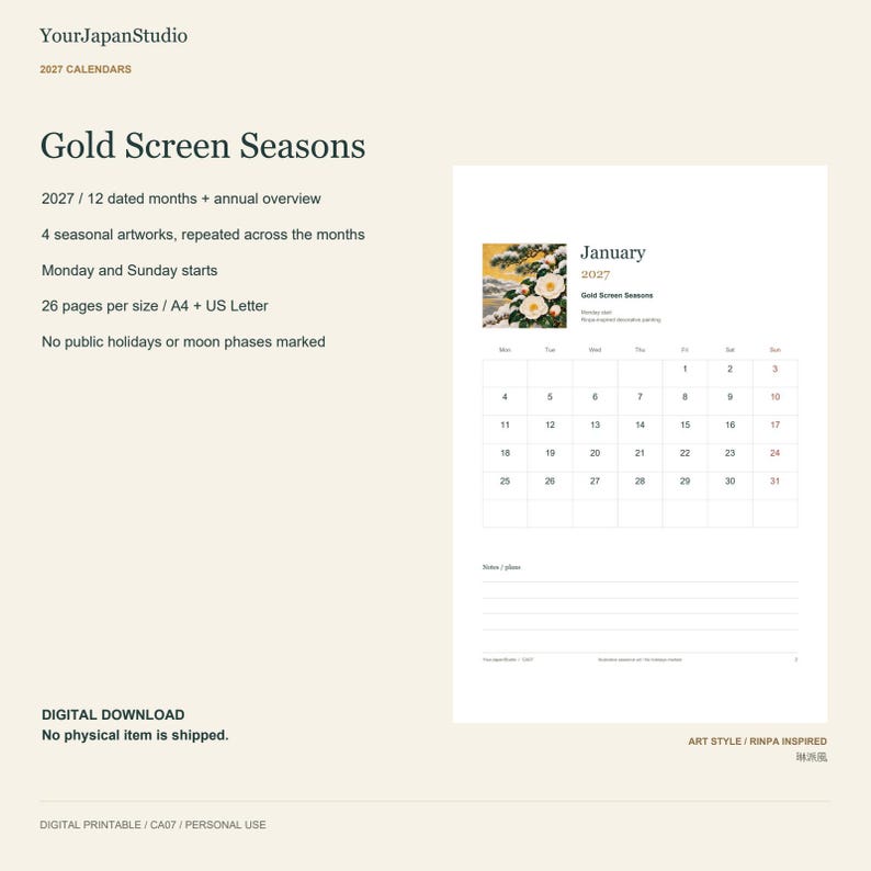 May include: A 2027 digital calendar titled Gold Screen Seasons featuring 12 months, an annual overview, and four seasonal artworks. The layout includes a January page with a floral illustration, a grid for dates, and a section for notes.