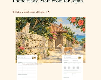 May include: A digital product set featuring 8 fillable worksheets in US Letter and A4 sizes. The design includes text reading Phone ready. More room for Japan. and Compare plans. Save details. Test offline use. with a landscape illustration.
