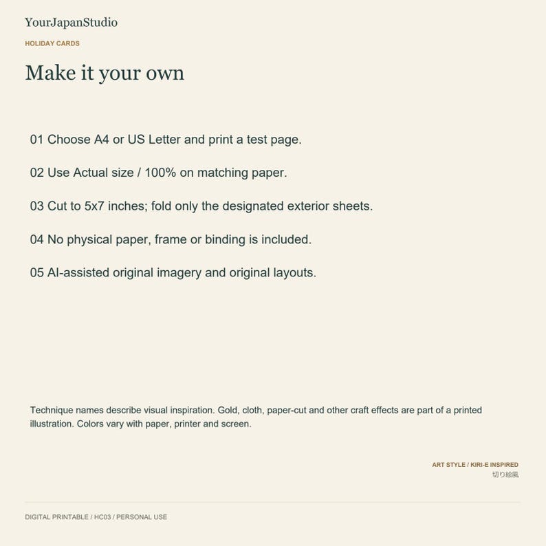 May include: A digital instruction sheet from YourJapanStudio titled Make it your own. It lists five steps for printing and cutting holiday cards, including 5x7 inches dimensions, and notes that no physical paper or frame is included.