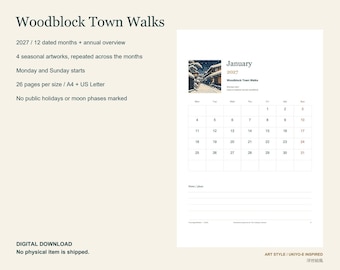 May include: A 2027 digital calendar titled Woodblock Town Walks featuring 12 dated months and an annual overview. The page displays a January calendar grid with a snowy street scene illustration, Monday and Sunday starts, and lined notes.