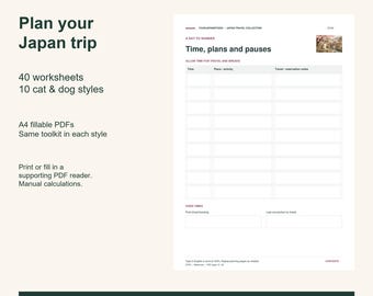 May include: A digital travel planner set featuring 40 A4 fillable PDF worksheets with 10 cat and dog styles. The document includes sections for time, place, activity, and travel notes, with text reading Plan your Japan trip and Time, plans and pauses.