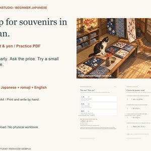 Puede incluir: Un cuaderno de ejercicios digital de 16 páginas para aprender japonés titulado Shop for souvenirs in Japan. Incluye texto, ejercicios de práctica y una ilustración de un gato y un perro en una habitación decorada.
