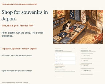 May include: A 16-page digital Japanese language workbook titled Shop for souvenirs in Japan. The document includes text, practice exercises, and an illustration of a cat and dog in a room with patterned cushions and Japanese decor.