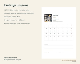 May include: A 2027 Kintsugi Seasons calendar digital download featuring 12 months and an annual overview. The page displays a January 2027 grid with a snowy landscape illustration, Monday and Sunday start options, and lined notes.