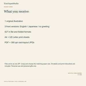 May include: A digital product information sheet titled YourJapanStudio Holiday Cards. It lists contents including 1 original illustration, 3 front versions in English, Japanese, or no greeting, 5x7 inch formats, A4 and US Letter sheets, and PDF or 300 ppi JPG files.