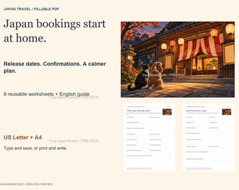 May include: A digital fillable PDF travel planner titled Japan bookings start at home. Includes 8 reusable worksheets, an English guide, and two page previews showing forms for booking dates and reservations, available in US Letter and A4 sizes.