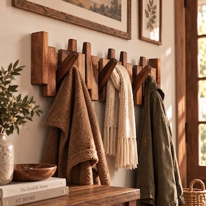May include: A wall-mounted wooden coat rack featuring multiple vertical rectangular blocks and three angled hooks. A brown textured towel, a cream-colored fringed scarf, and an olive green jacket hang from the hooks.