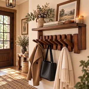 May include: A wall-mounted wooden coat rack with multiple angled pegs, featuring a top shelf holding a ceramic vase with greenery, a framed landscape print, and a book titled The Kinfolk Home. A tan coat, black handbag, and cream throw hang from the pegs.